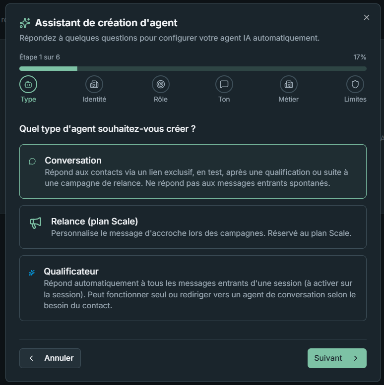 Assistant de cr&eacute;ation d'agent &eacute;tape 1 — choix du type : Conversation, Relance ou Qualificateur