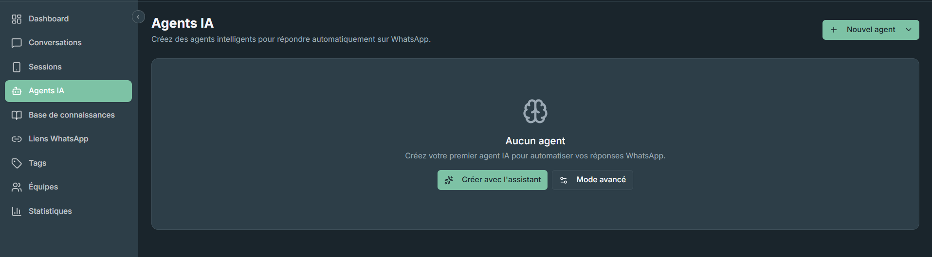 Page Agents IA vide — boutons Cr&eacute;er avec l'assistant et Mode avanc&eacute;