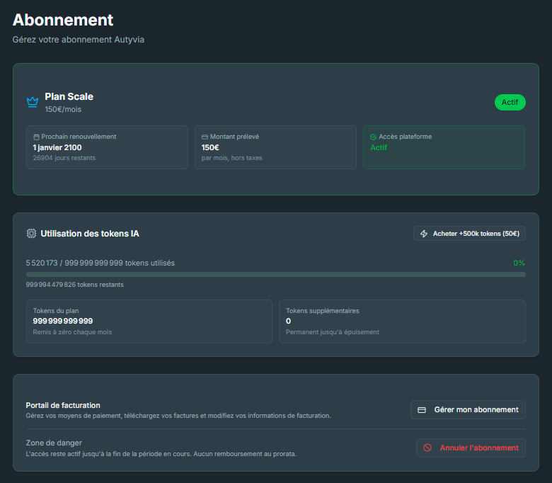 Page Abonnement Autyvia — Plan Scale 150€/mois actif, utilisation des tokens IA, portail de facturation Stripe, bouton Annuler l'abonnement