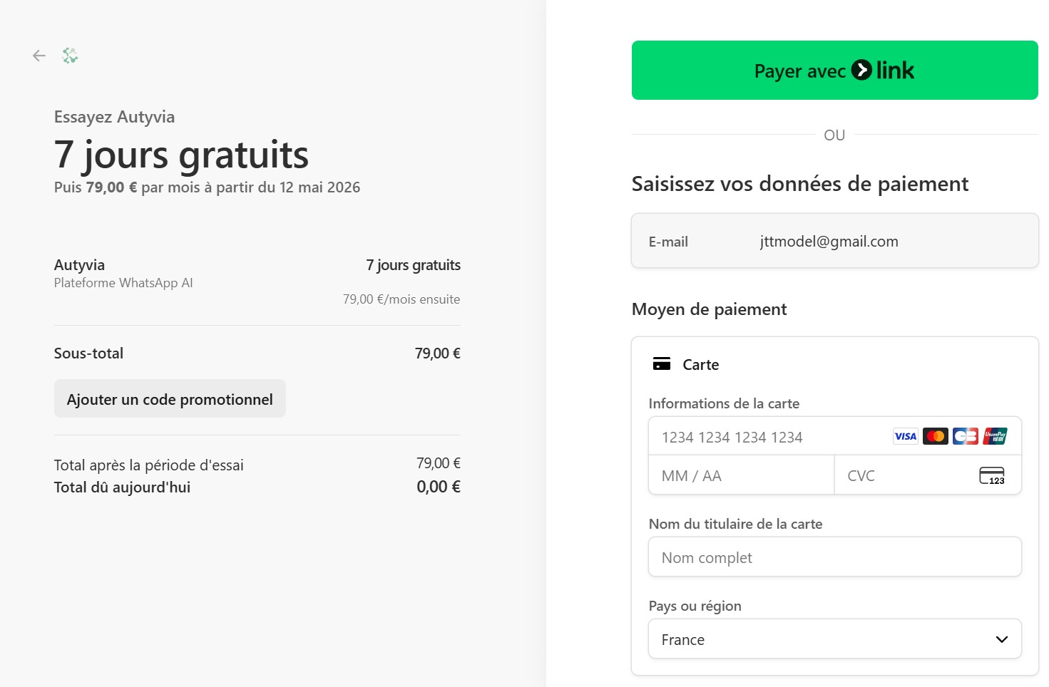 Checkout Stripe Autyvia — paiement s&eacute;curis&eacute; avec carte bancaire, 7 jours gratuits puis 79€/mois