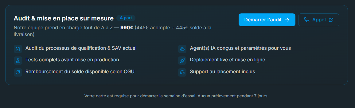 Offre Audit et mise en place sur mesure — 990€ (445€ acompte + 445€ solde)