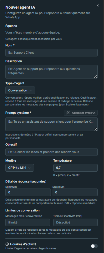 Formulaire de cr&eacute;ation d'agent — Nom, Description, Type, Prompt syst&egrave;me, Objectif, Mod&egrave;le GPT-4o Mini, Temp&eacute;rature, D&eacute;lai