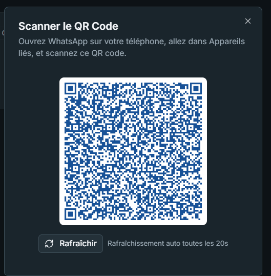 QR code Autyvia &agrave; scanner avec WhatsApp — bouton Rafra&icirc;chir