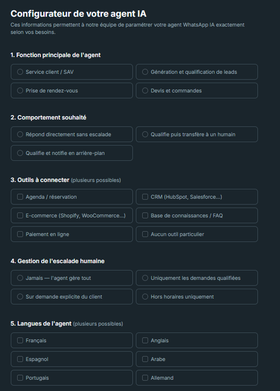 Configurateur de l'agent IA — fonctions (SAV, lead gen, RDV, devis), comportement, outils &agrave; connecter, escalade humaine, langues
