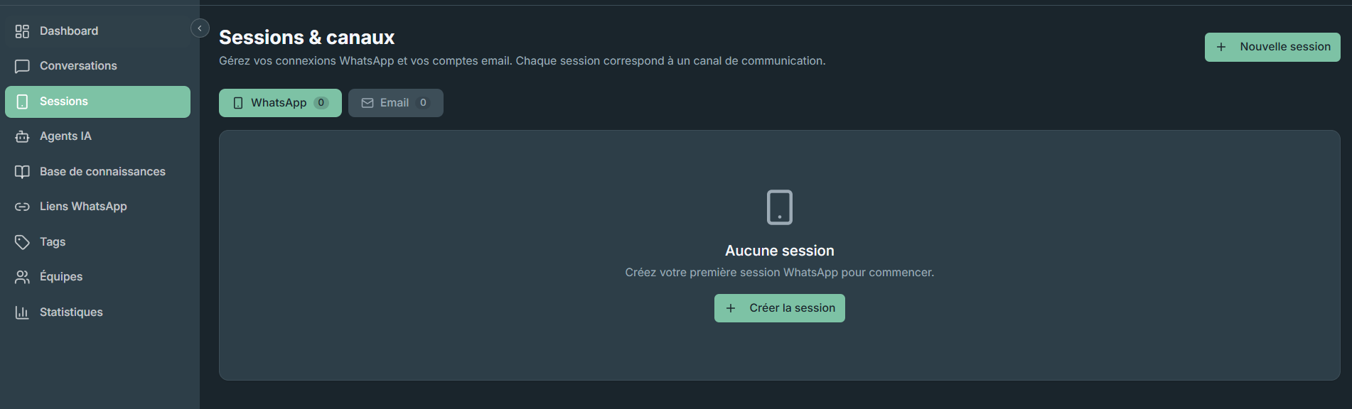 Page Sessions Autyvia vide — bouton Nouvelle session en haut &agrave; droite