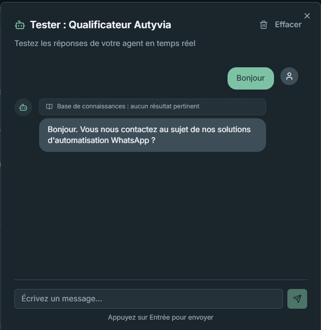 Interface de test de l'agent IA — chat int&eacute;gr&eacute; pour simuler des conversations avant mise en production