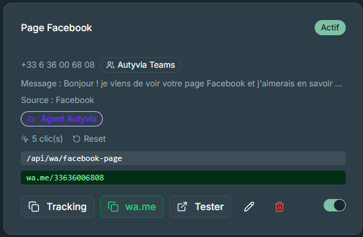 Carte d&rsquo;un lien Autyvia avec stats de clics, URL wa.me, badge Agent IA assign&eacute;